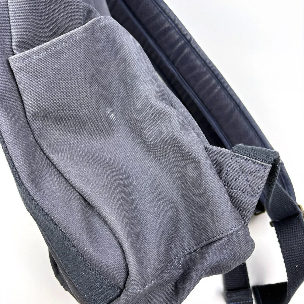 Lands End Waxed Canvas Backpack Navy Blue Leather Straps Padded Outdoors Daypack